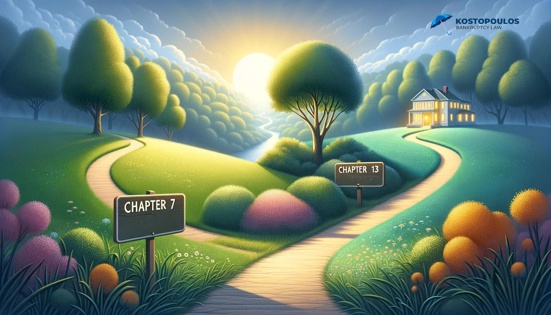 A serene landscape depicting a path splitting into two, symbolizing the choice between Chapter 7 and Chapter 13 bankruptcy. This image reflects the journey of making informed financial decisions.
