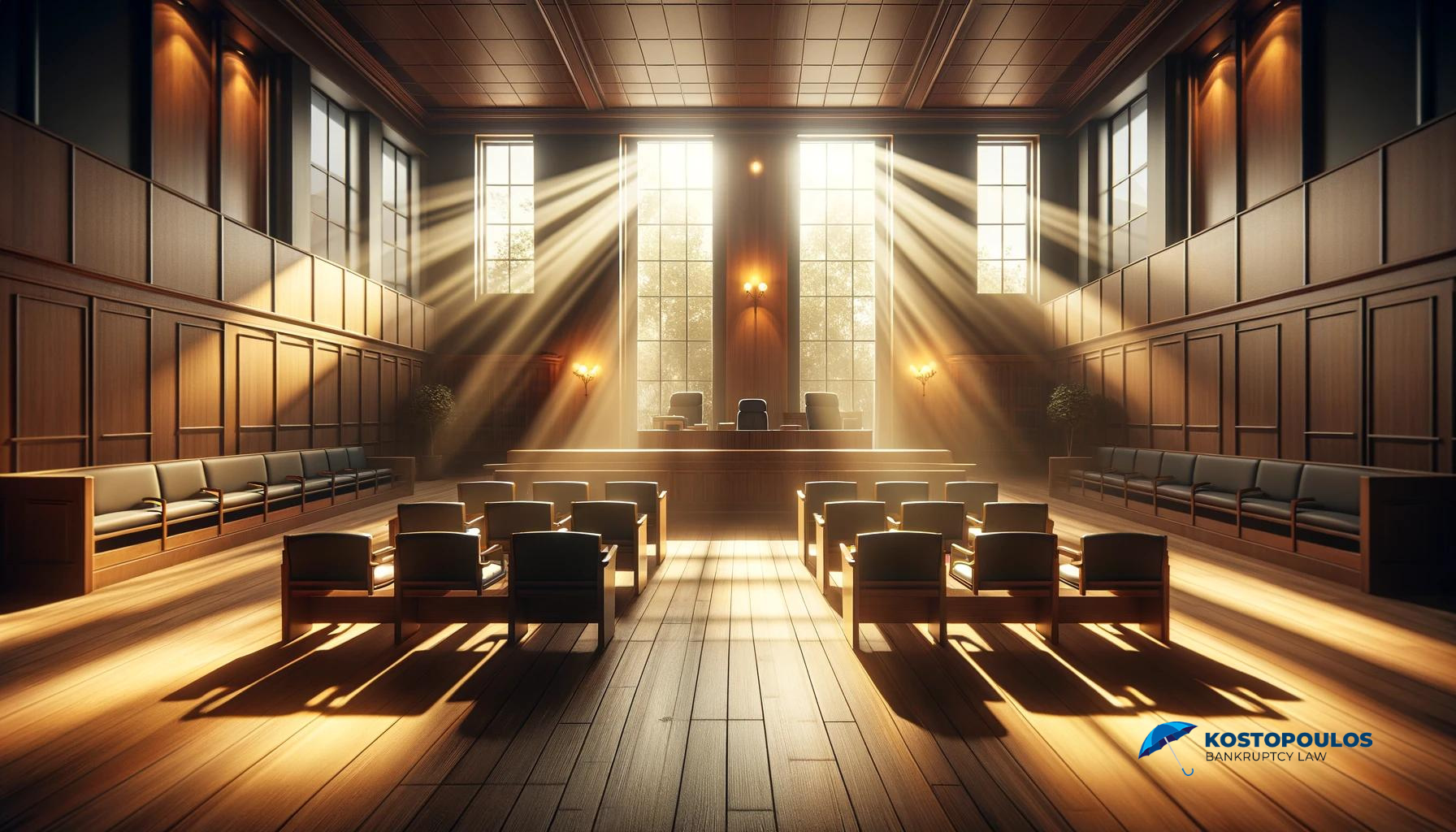 An image of a peaceful courtroom with sunlight streaming through, representing the calm and professional environment of the bankruptcy filing process.