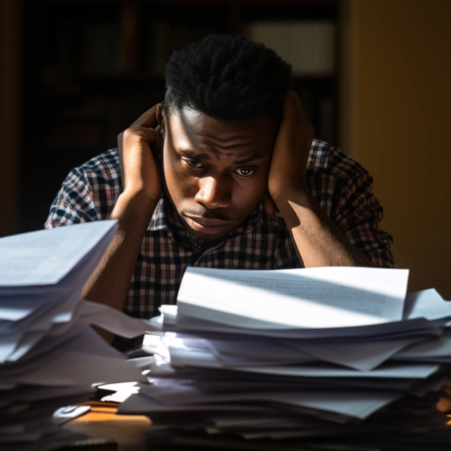 Man reviewing a stack of bills and paperwork while looking stressed about debt