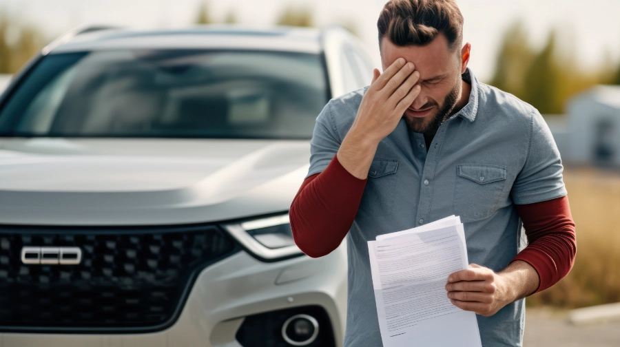 Man reviewing paperwork beside his vehicle while facing financial stress