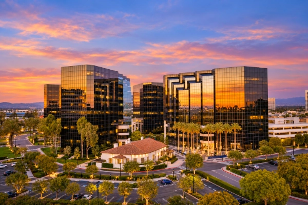 Modern buildings, landscaped grounds, and palm trees in Irvine, California